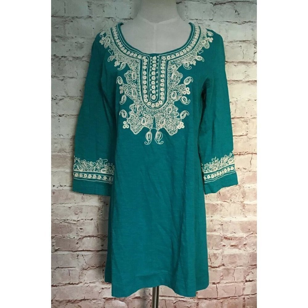 Soft Surroundings Womens S Turquoise Pullover Tunic Top Embroidered 3/4 Sleeve